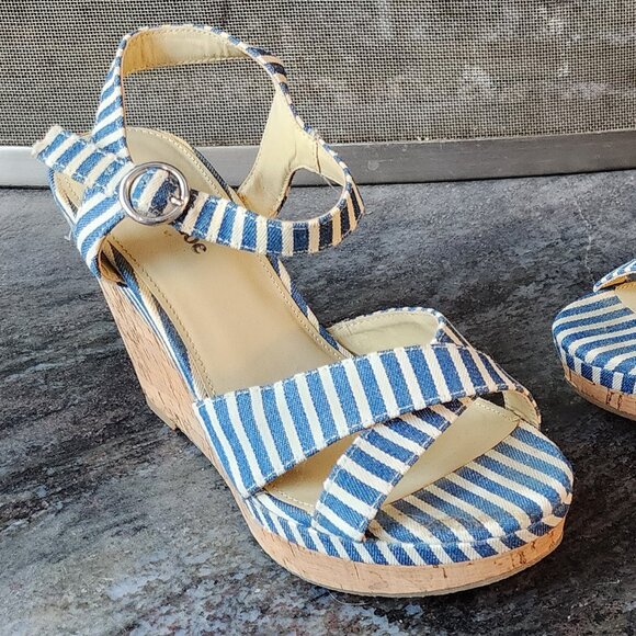 Eva & Zoe Blue/White Striped Sexy 1940s Cork Wedge Sandals Size 8 - Picture 2 of 16